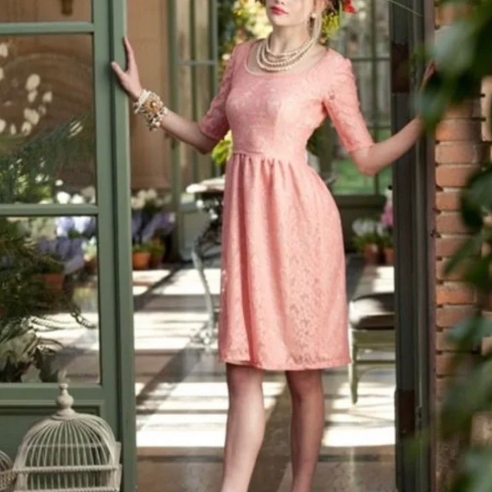 SHABBY APPLE Peach Peony Lace Tea Dress